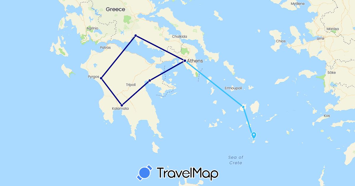 TravelMap itinerary: driving, plane, boat in Greece (Europe)